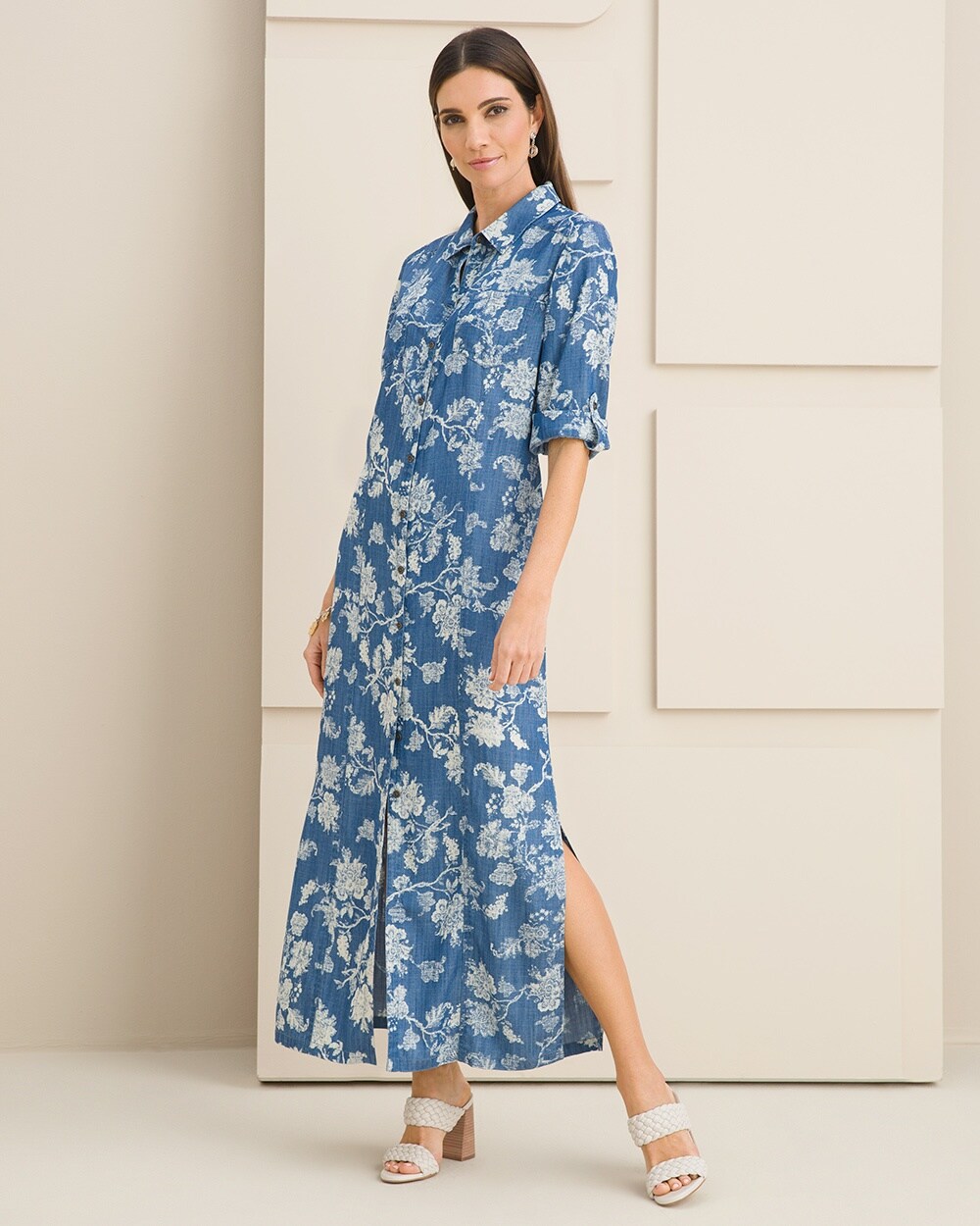 Floral Print Denim Maxi Shirt Dress