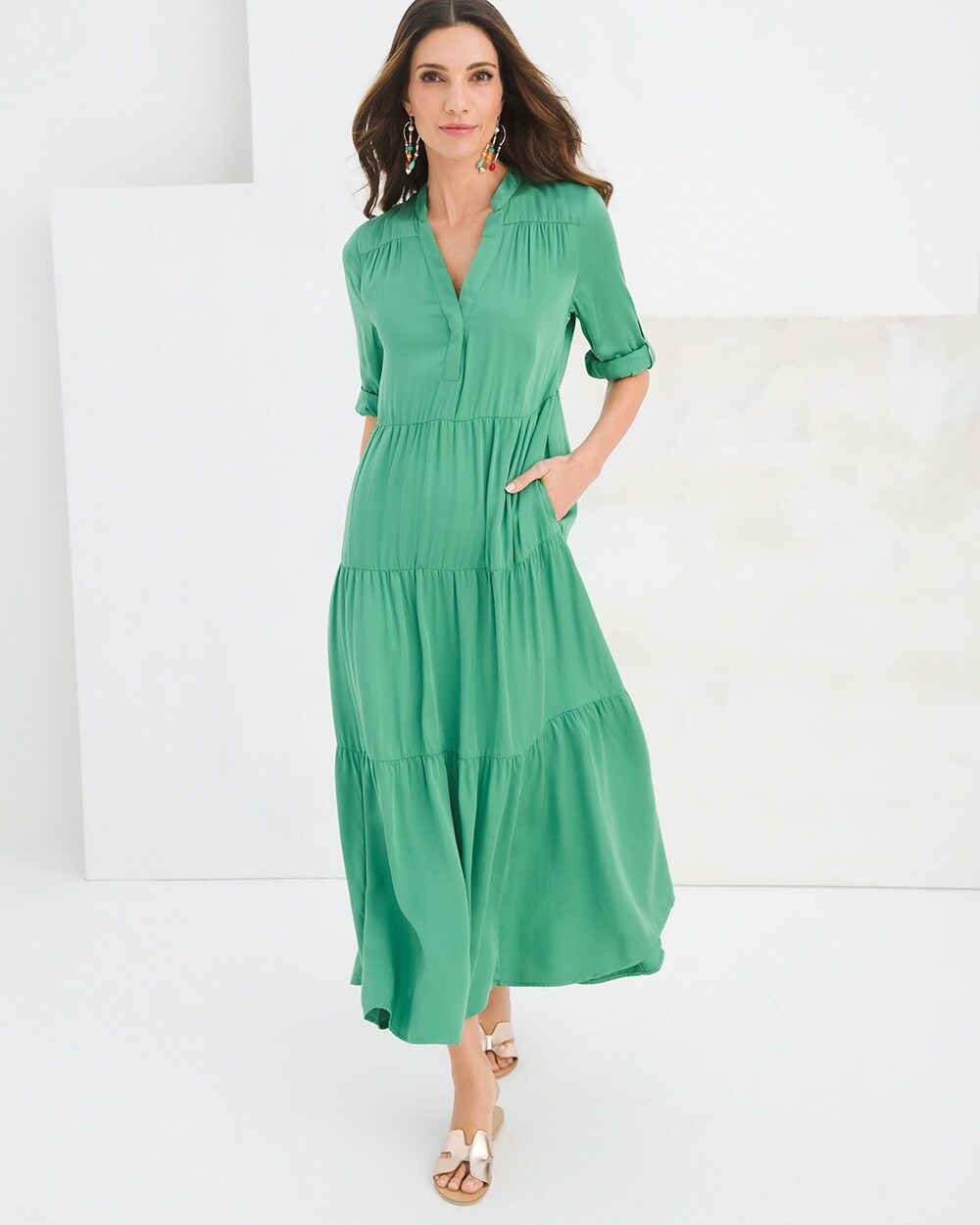 Chicos Womens Tiered Sandwash Maxi Dress Size 3 XL / 16 Green Roll
