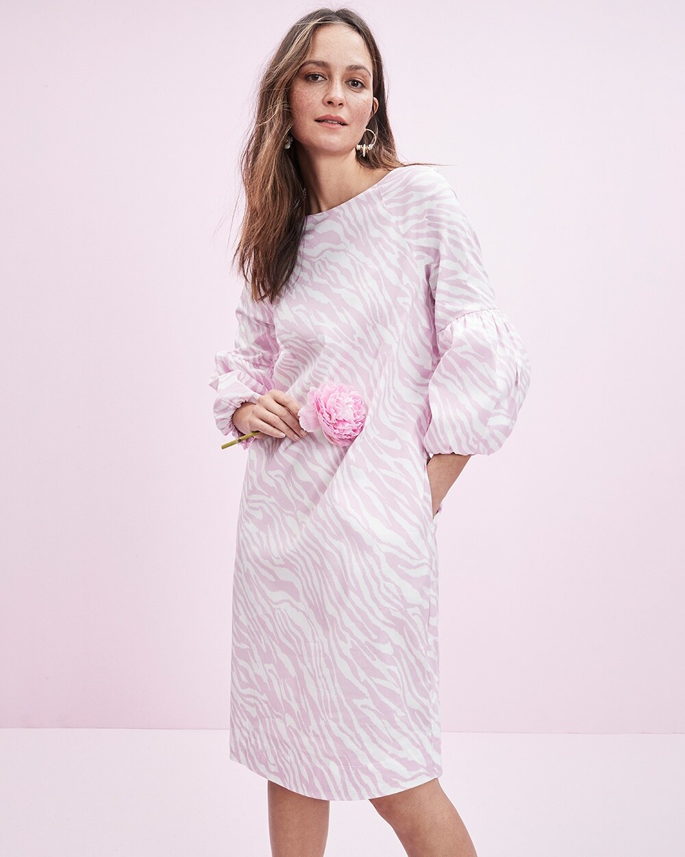 Balloon-Sleeve Zebra-Print Midi Dress