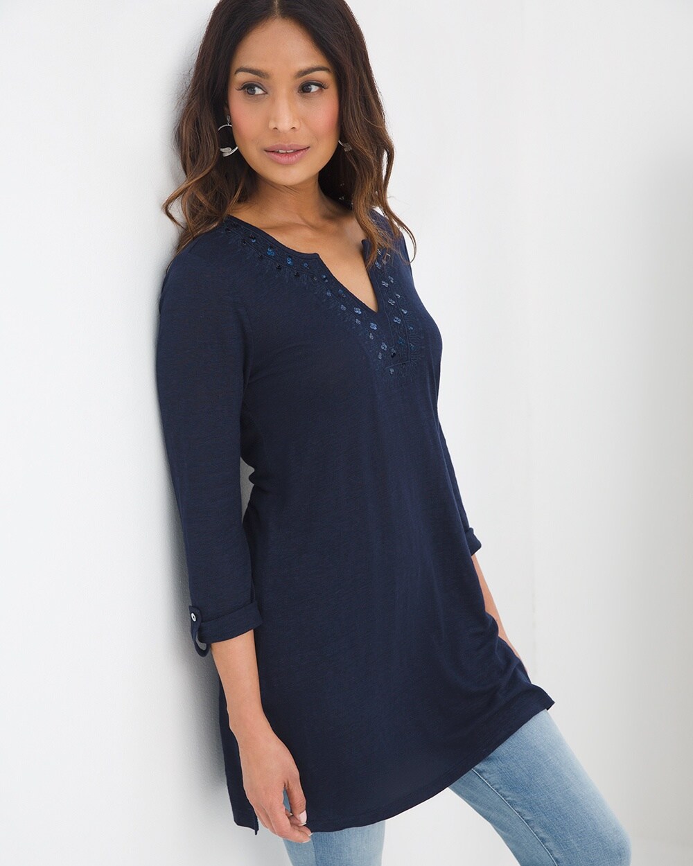 Embroidered Long-Line Linen Knit Tunic