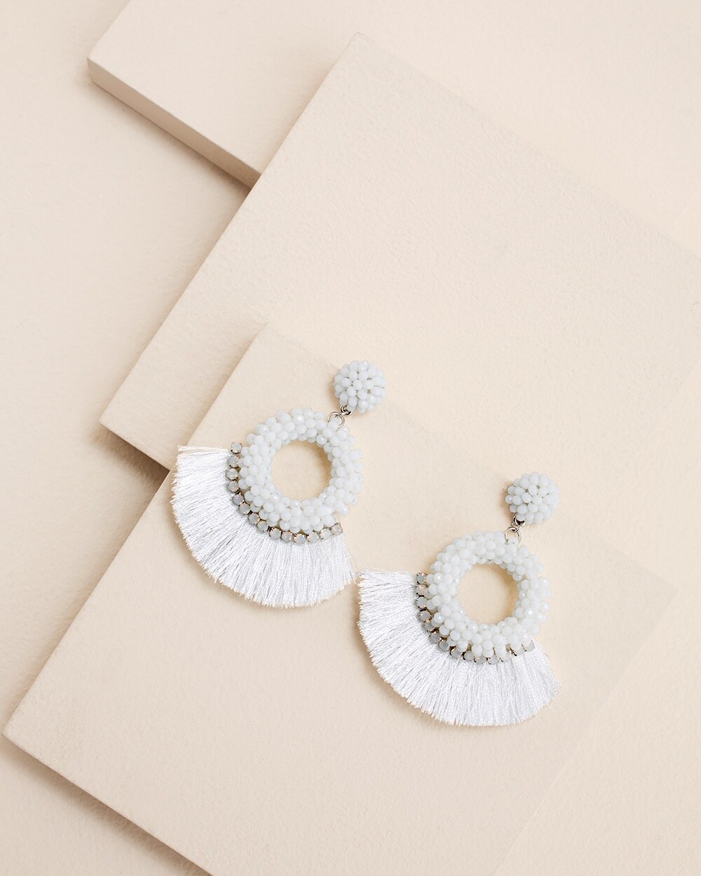 Beaded White Tassel Post Earrings