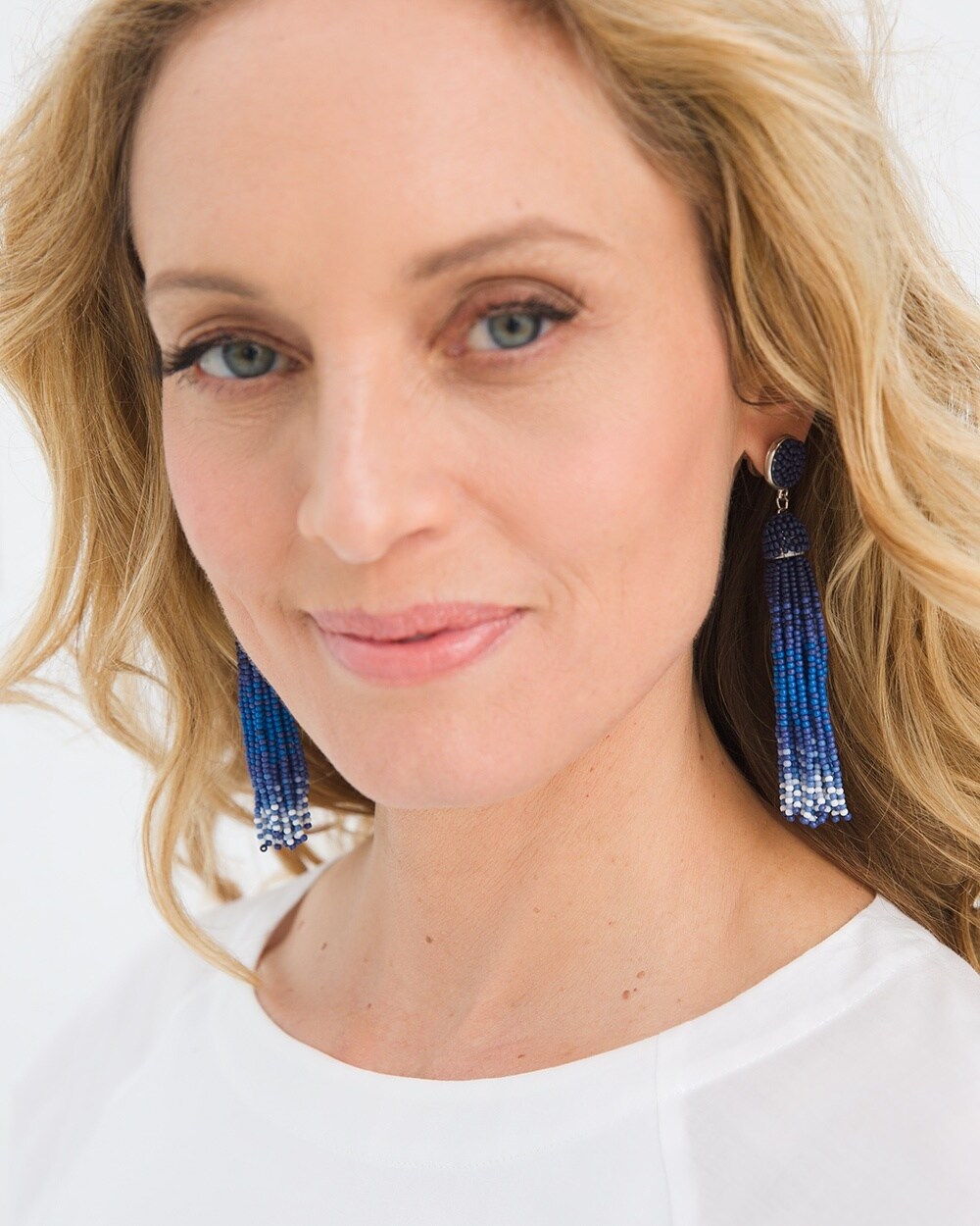 Blue Seed Bead Tassel Earrings