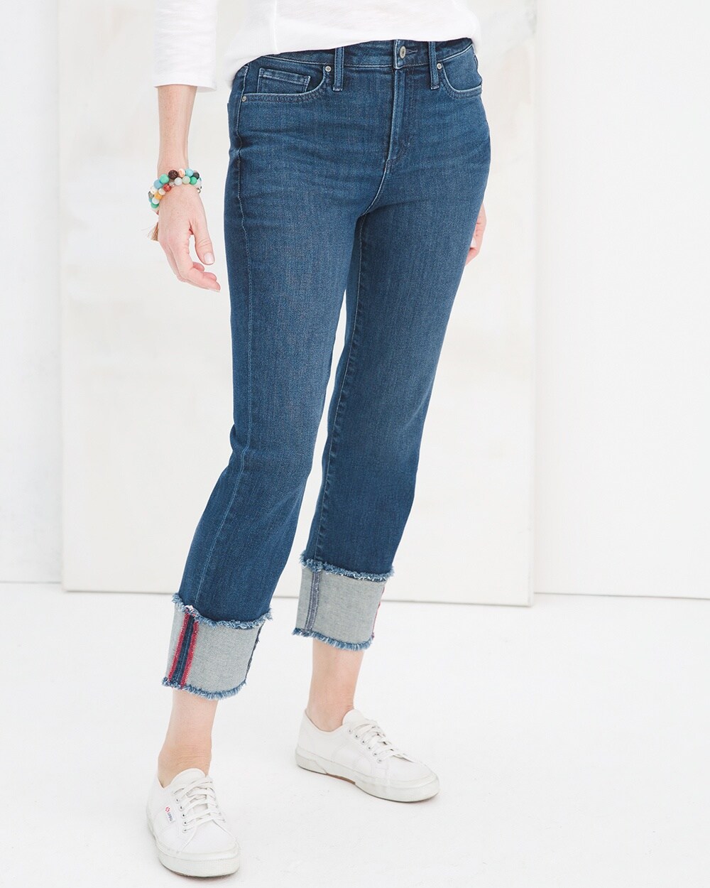 High-Rise Cuffed Jeans With Fray Trim