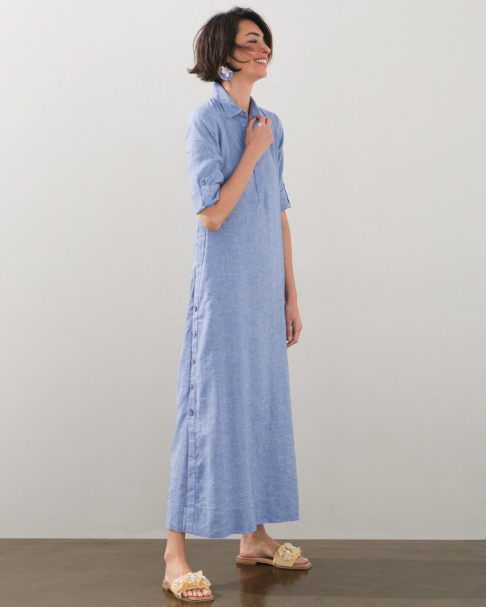 Linen-Blend Button Seam Maxi Dress