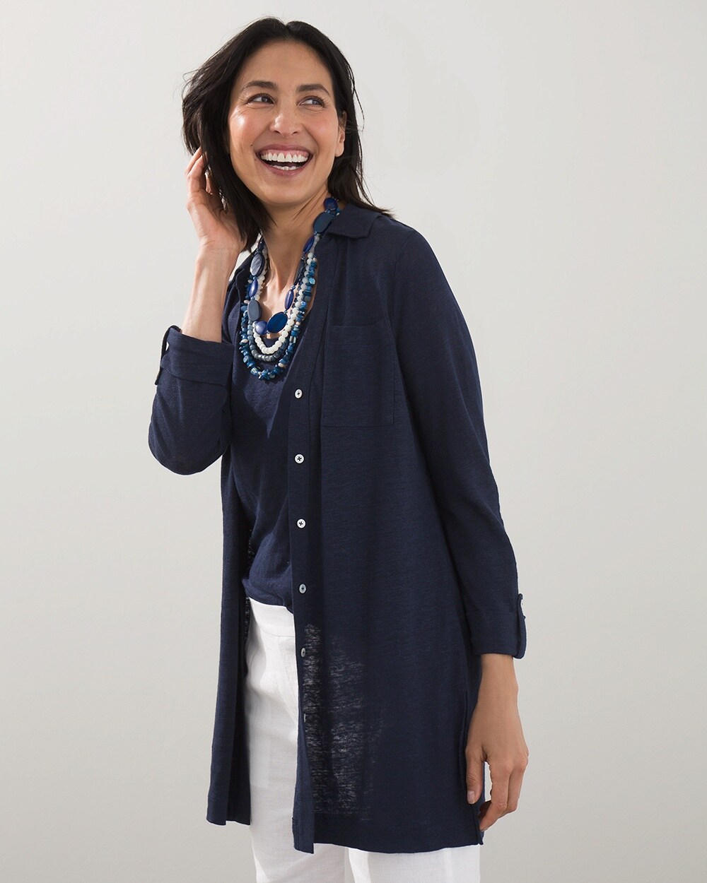 Linen Button Front Tunic Cardigan