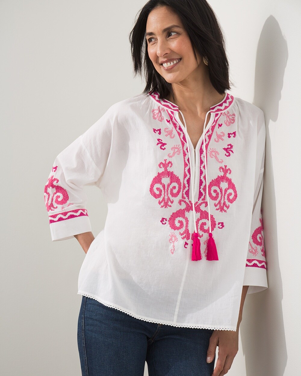 Embroidered Tie Neck Peasant Top