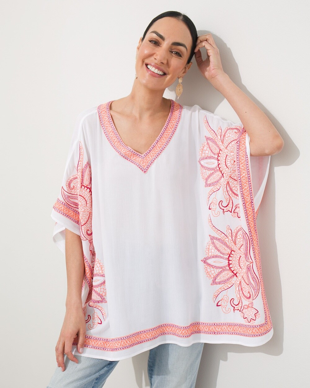 Coral and White Embroidered Poncho