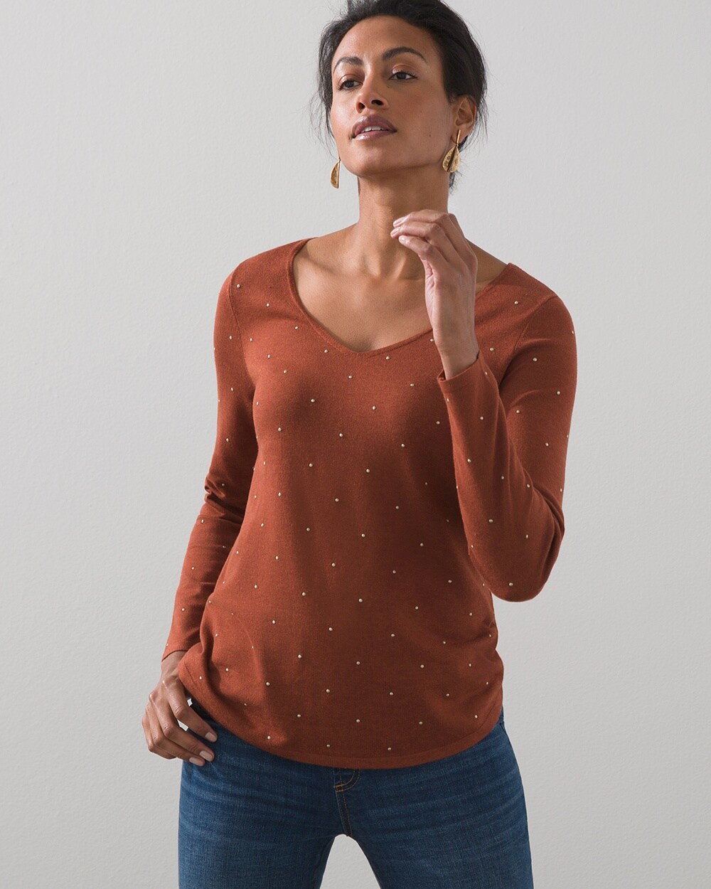 Studded V-neck Pullover Sweater