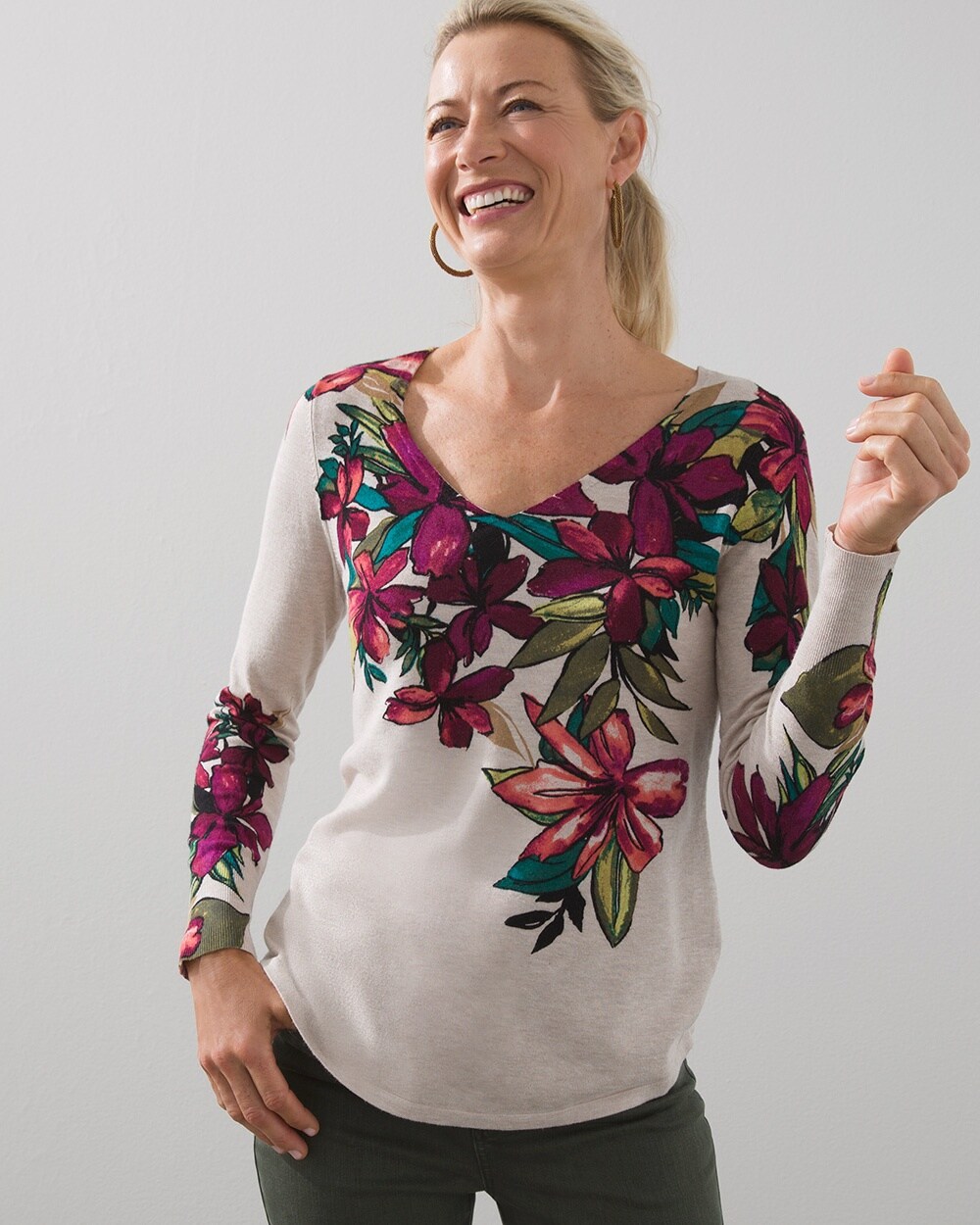 Floral Print V-neck Pullover Sweater