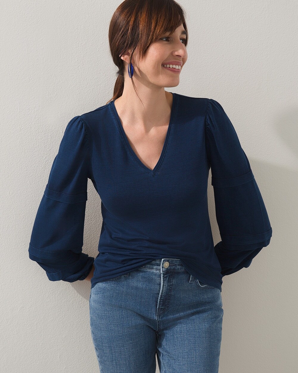 Chambray Sleeve V-neck Top video preview image, click to start video