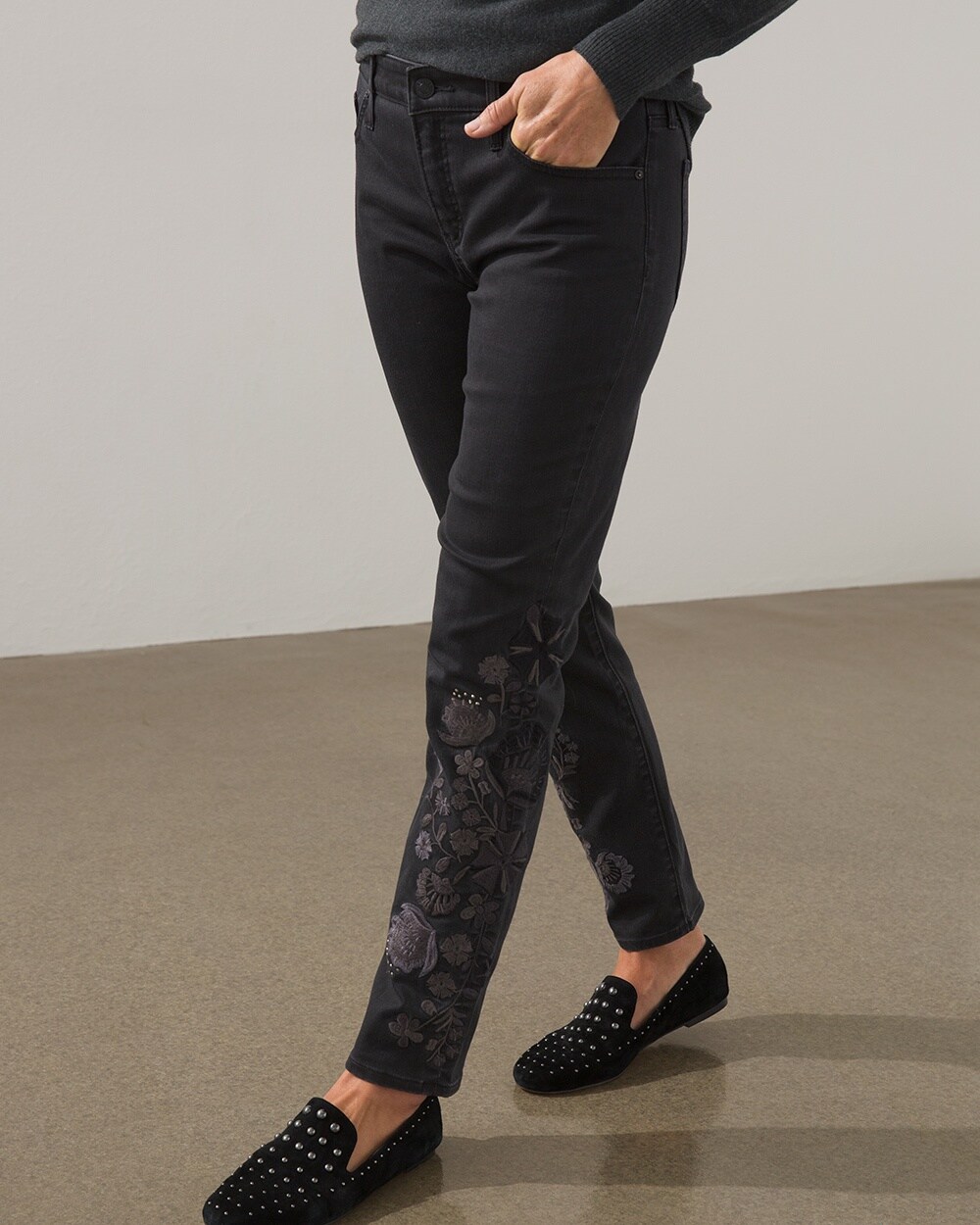 Girlfriend Laser Embroidery Ankle Jeans
