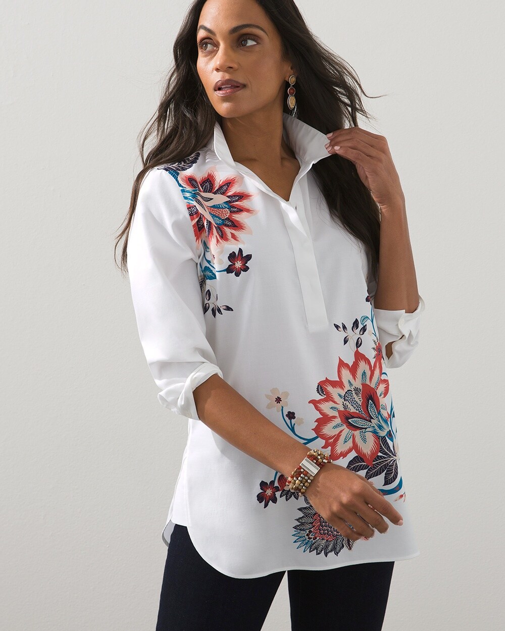 No Iron Button Back Floral Tunic