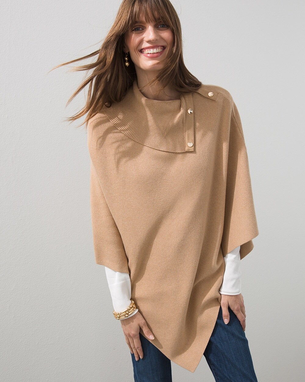 Suede Trim Snap Sweater Poncho