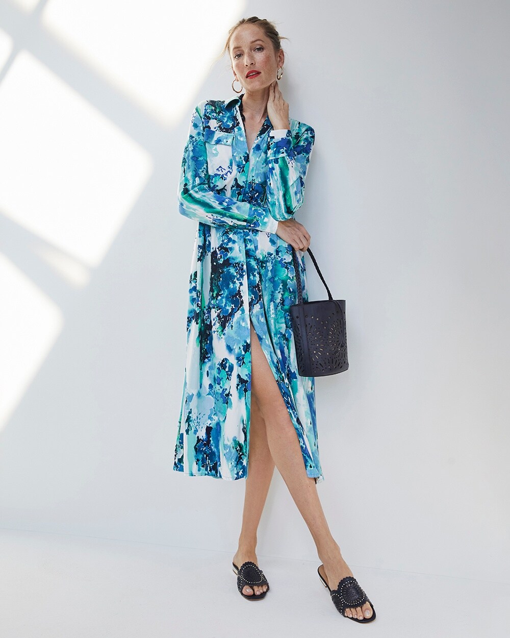 Waterscape Print Midi Shirt Dress video preview image, click to start video