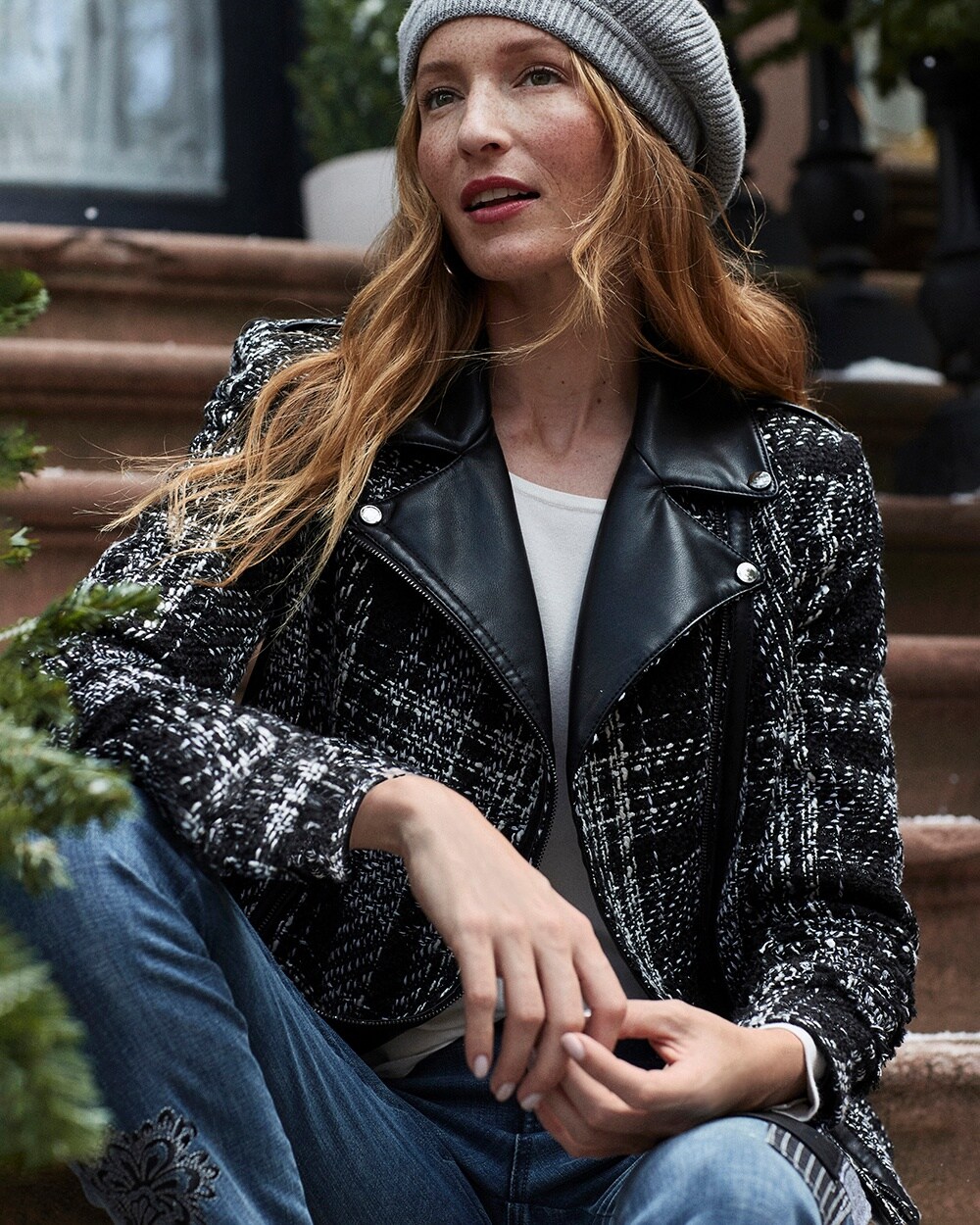 Tweed and Faux Leather Moto Jacket