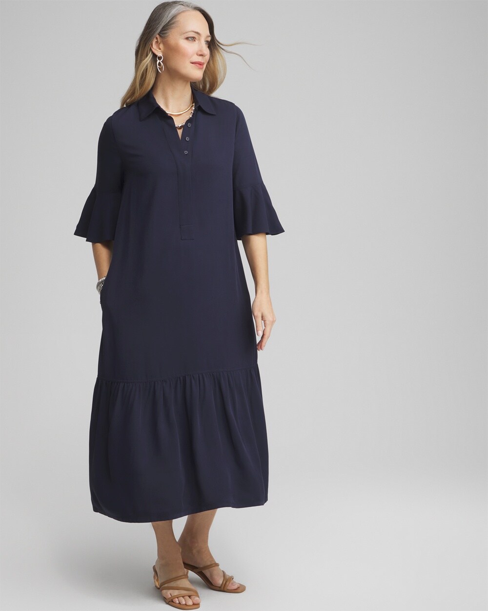 Shop Chico's Flounce Sleeve Midi Dress In Navy Blue Size 0/2 |