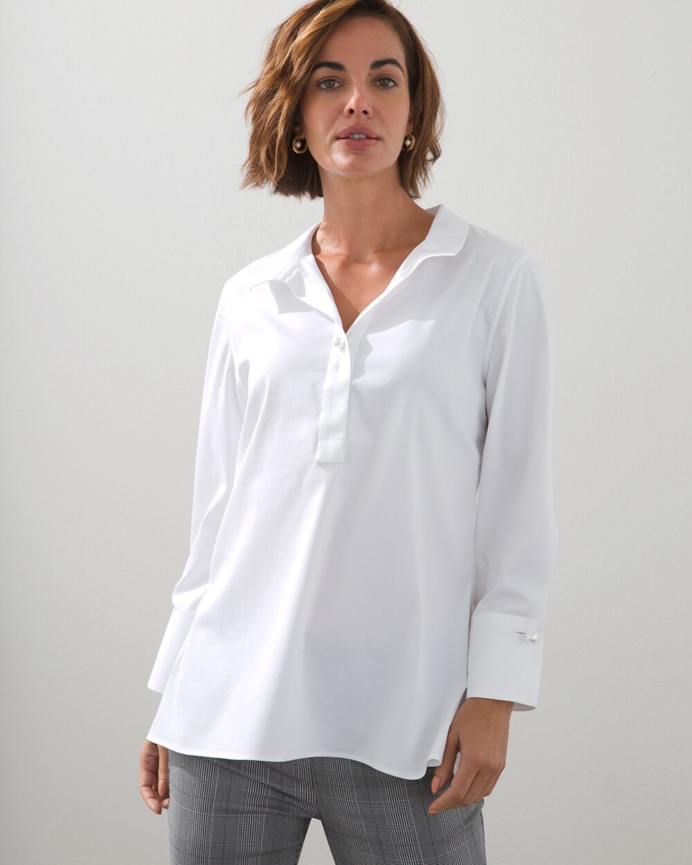 No Iron Stretch Faux Pearl Tunic video preview image, click to start video