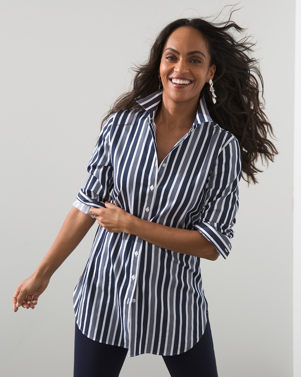 No-Iron Stretch Navy Stripe Tunic