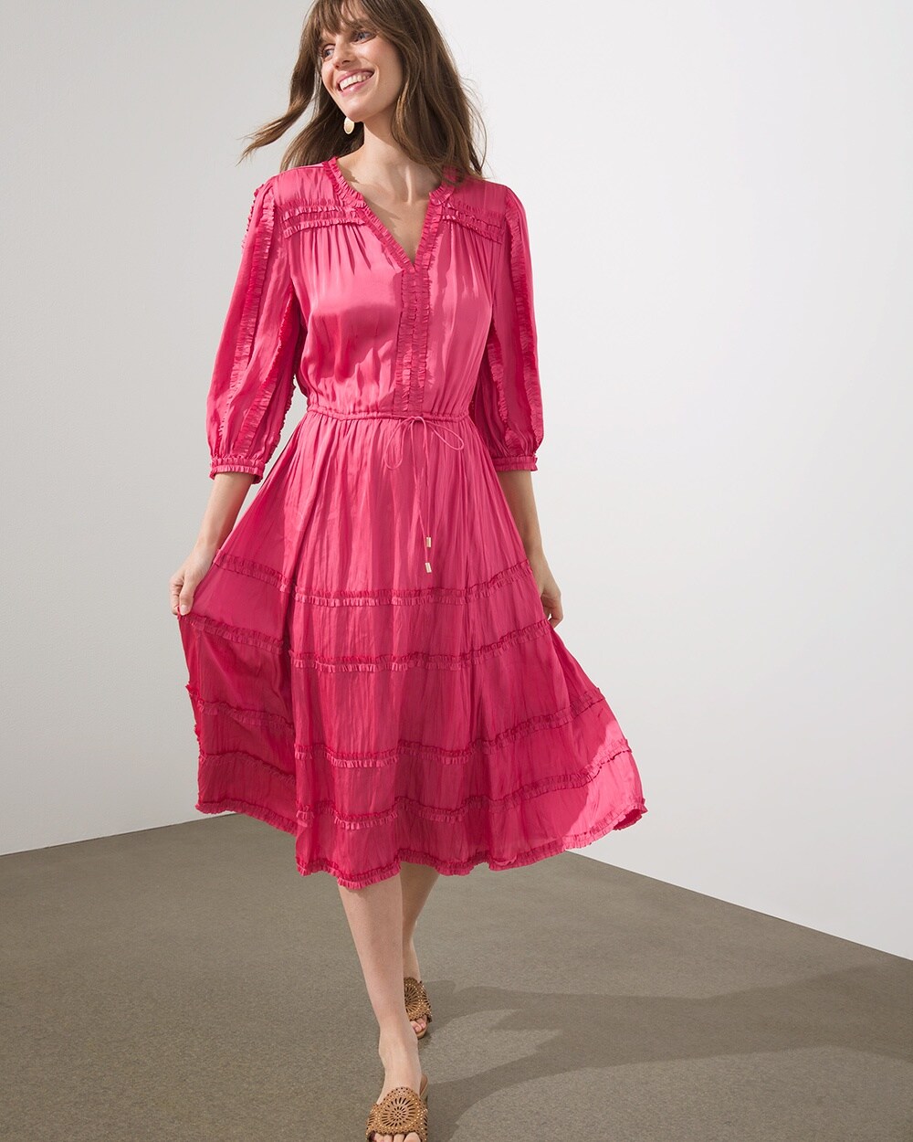 Tiered Ruffles Tie Waist Midi Dress video preview image, click to start video