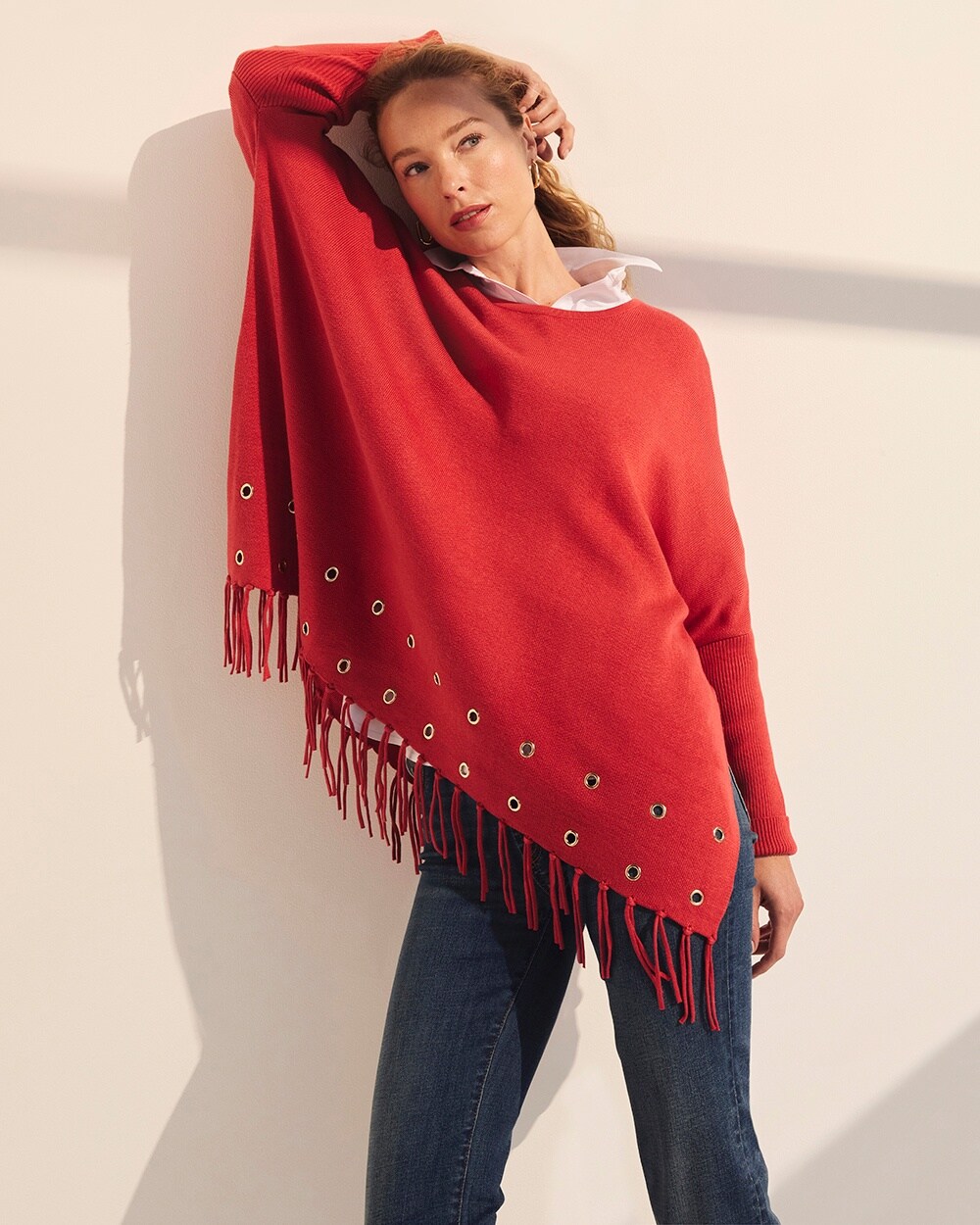 Red Embellished Sweater Poncho video preview image, click to start video