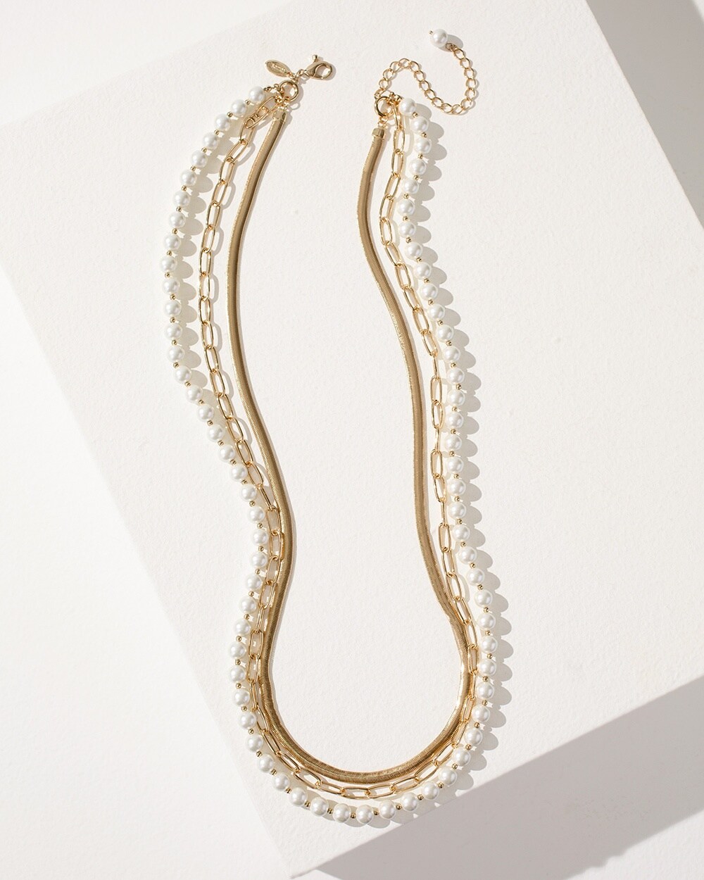 Long Three-Strand Faux Pearl Necklace