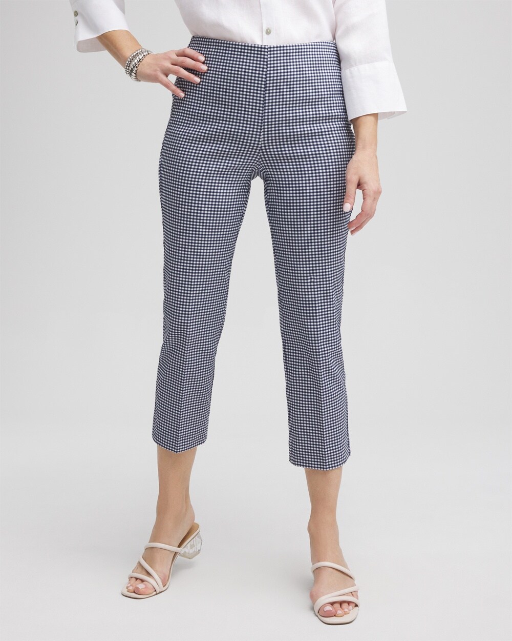 Chico's Juliet Gingham Straight Cropped Pants In White & Blue Print Size 10 |
