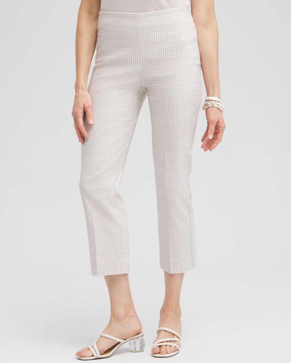 Chico's Juliet Gingham Straight Cropped Capri Pants In Neutral Size 8 |  In Smokey Taupe/alabaster