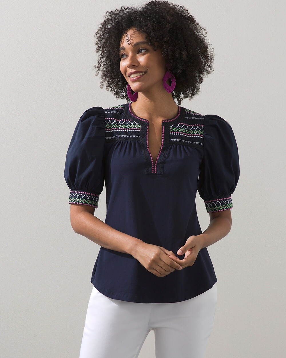 Embroidered Henley Puff Sleeve Tee