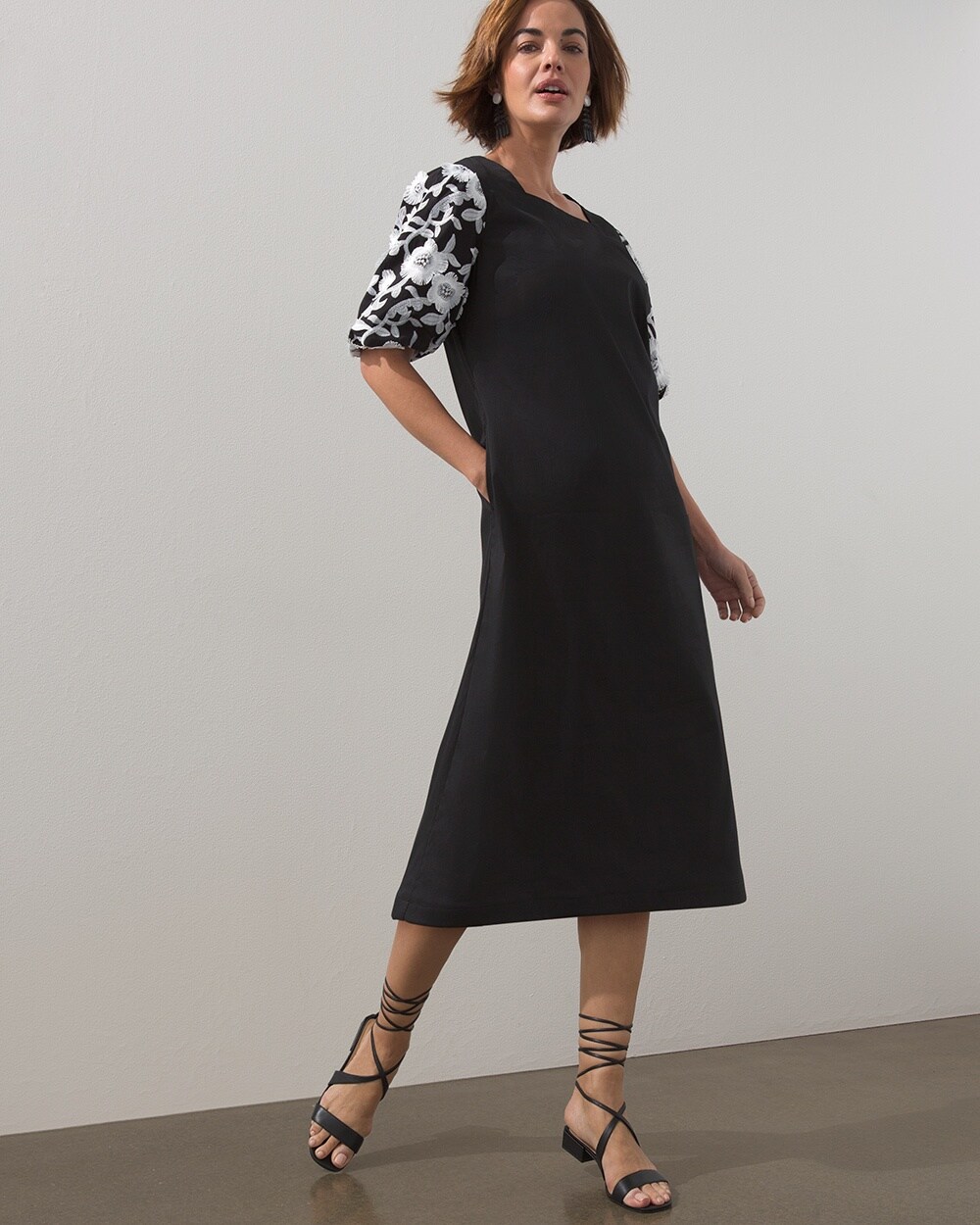 3D Embroidered Sleeve Midi Dress