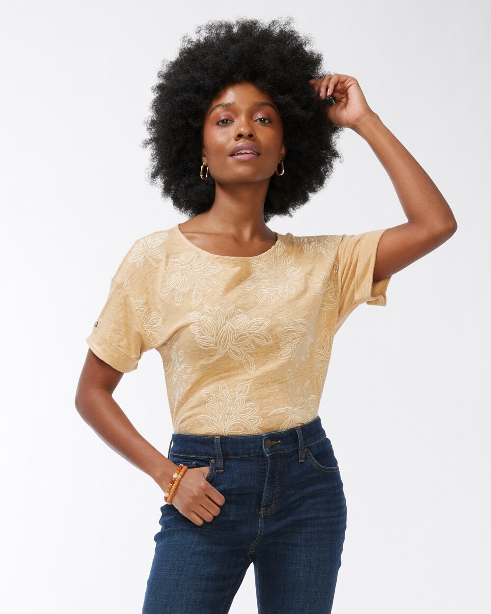 Linen Leaf Print Relaxed Tee