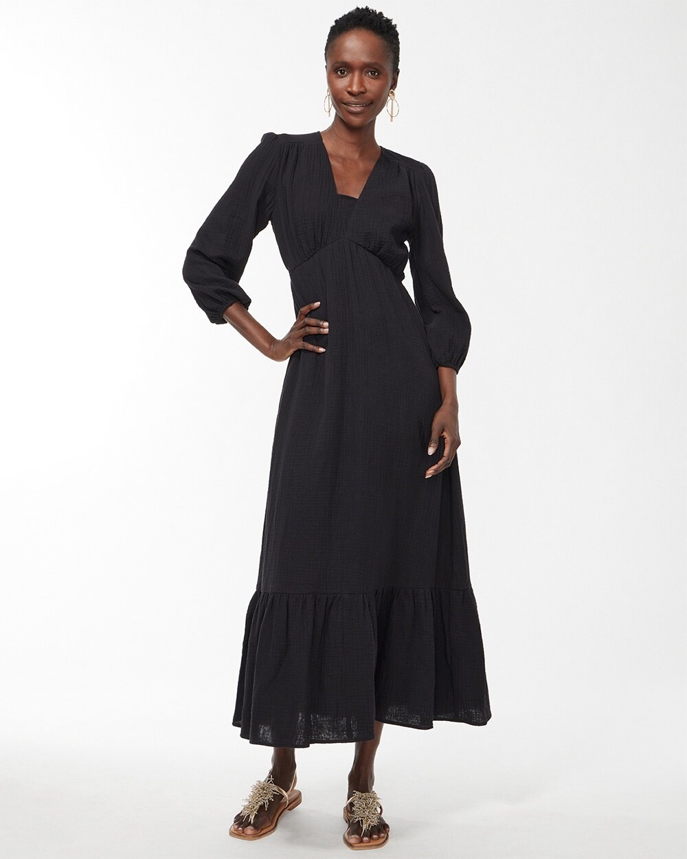 Chico's Gauze Tiered Hem Maxi Dress In Black | ModeSens
