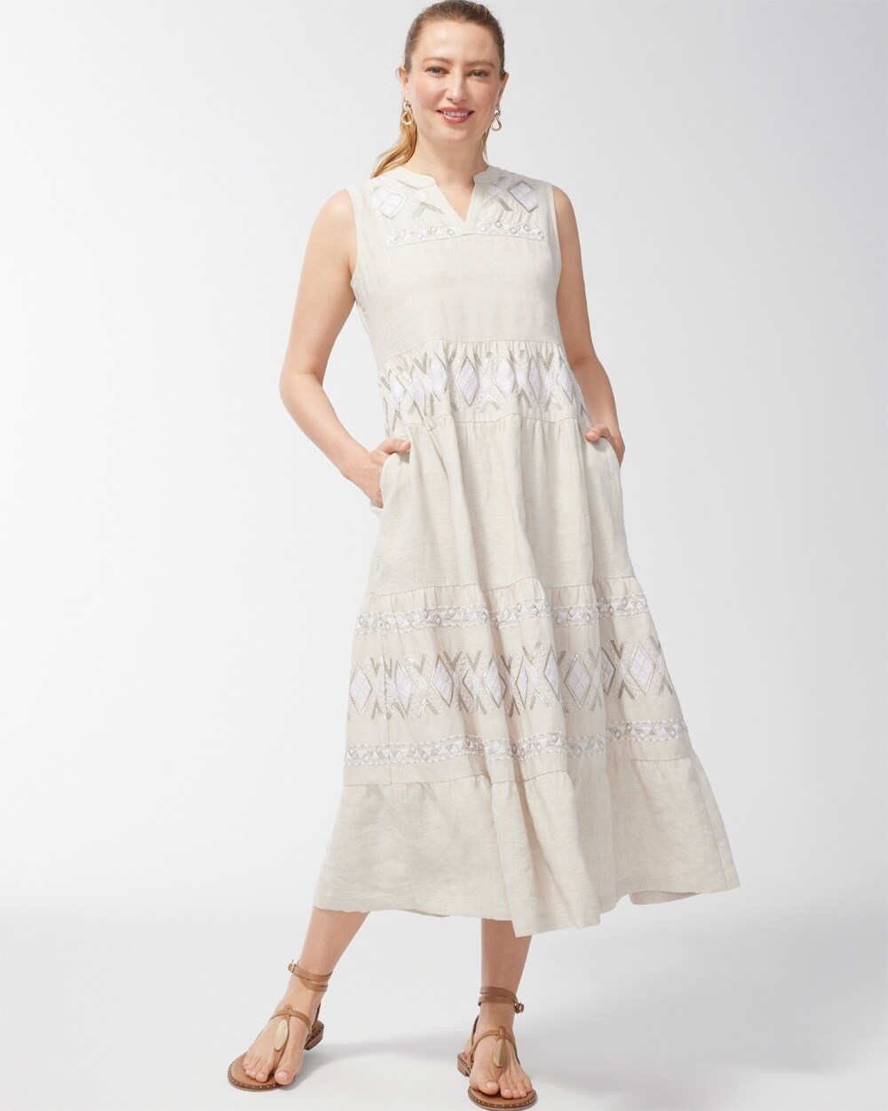 Linen Embroidered Tiered Maxi Dress video preview image, click to start video