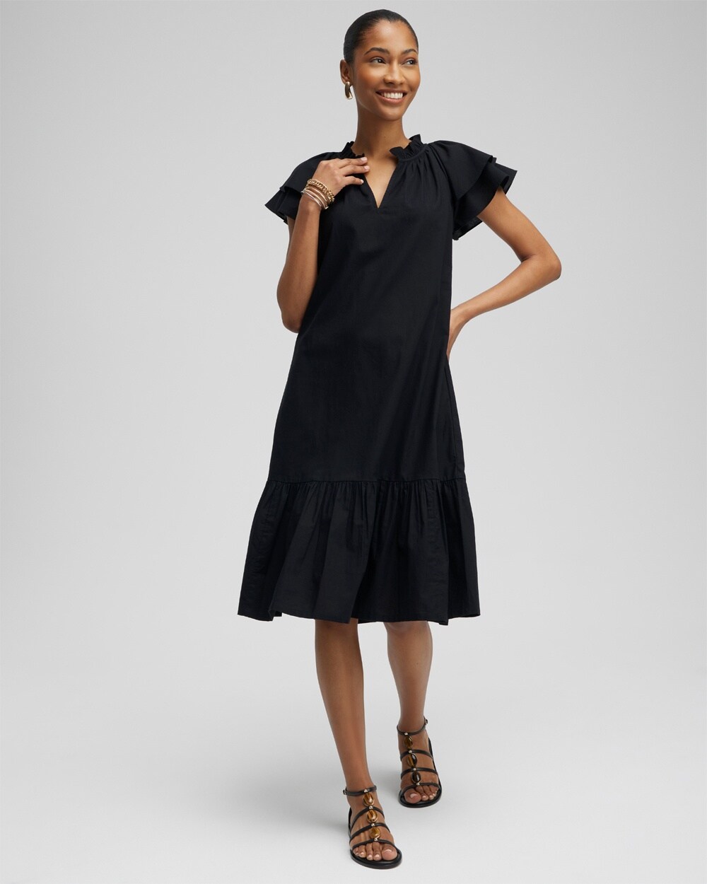Chico's Tiered Flutter Sleeve Midi Dress In Black Size 16/18 |