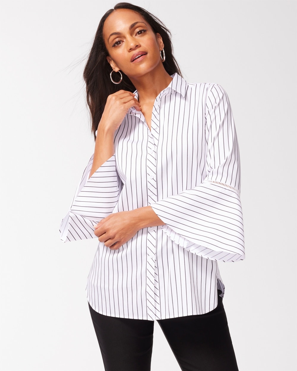 No Iron Stretch Stripe Flare Sleeve Tunic