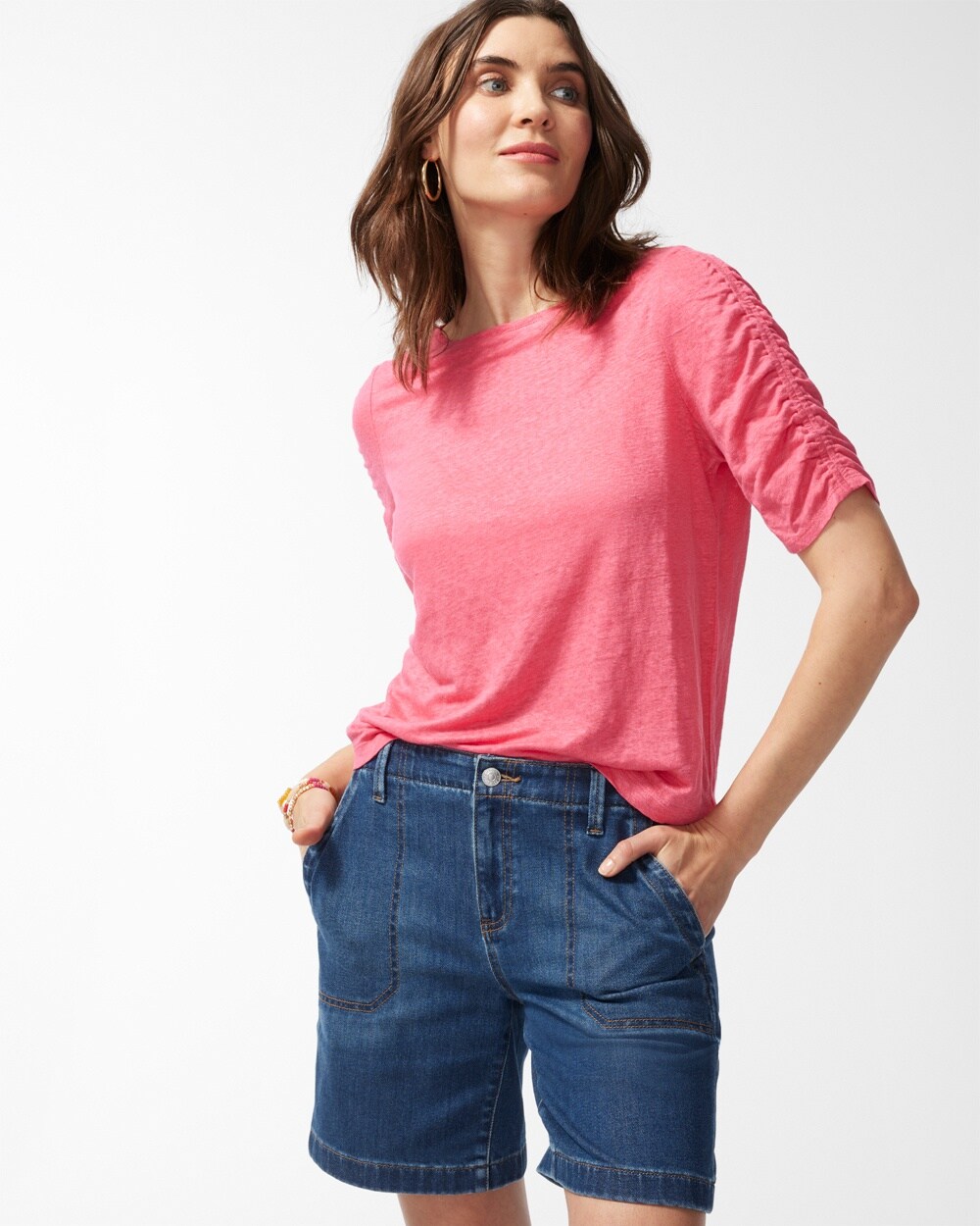 Linen Ruched Sleeve Tee