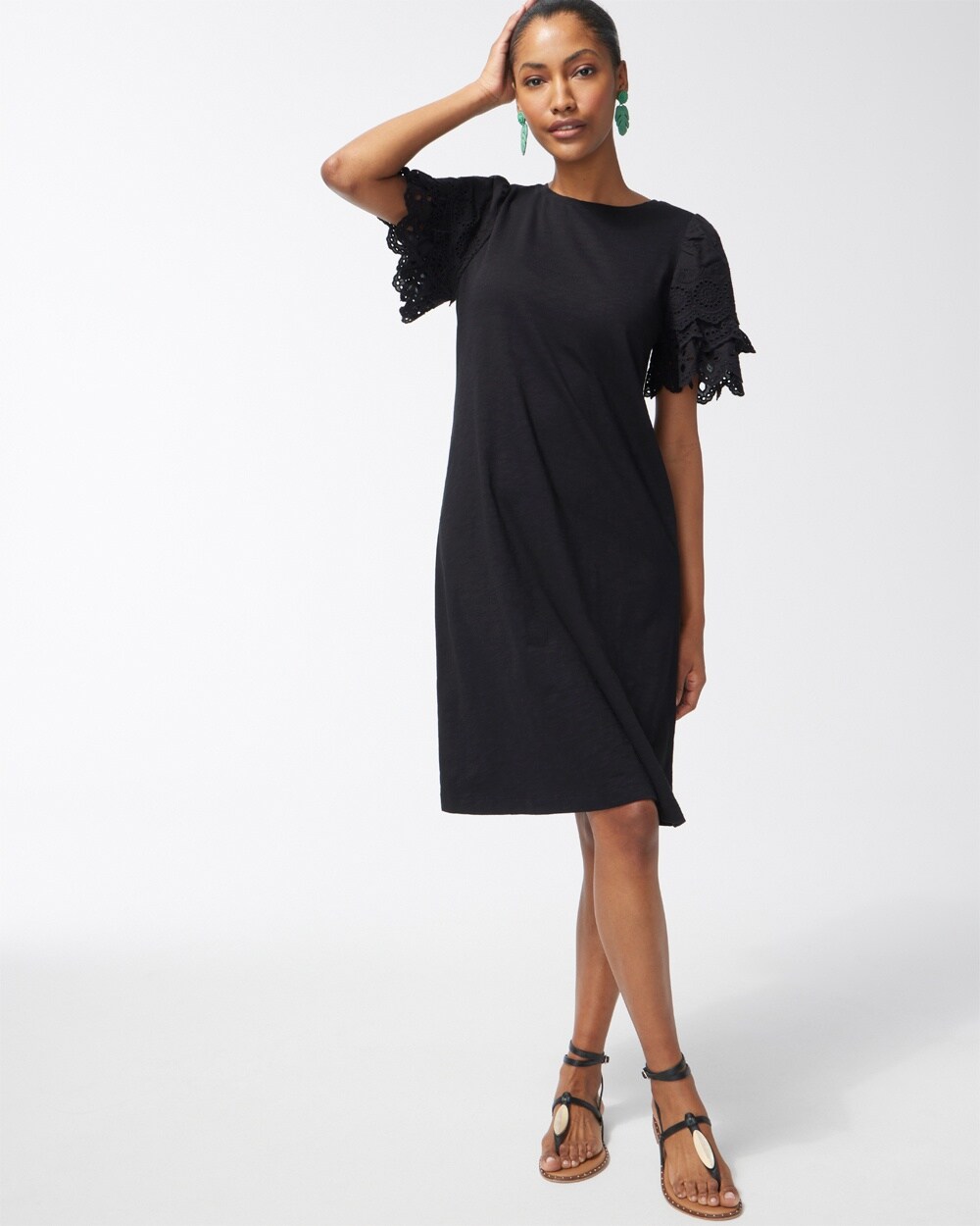 Chico's Cotton Slub Eyelet Sleeve Shirt Dress In Black | ModeSens