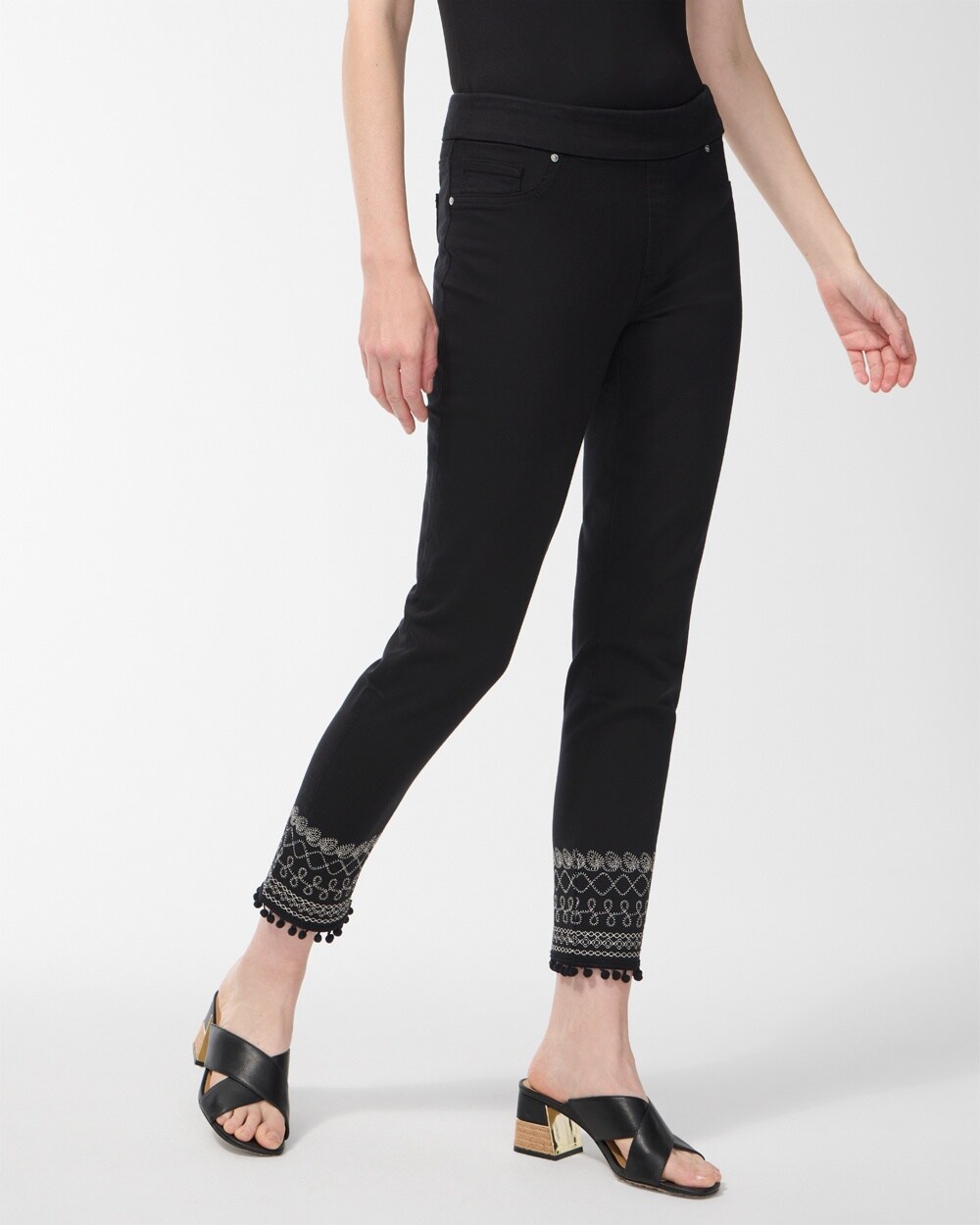 Embroidered Black Pull-On Ankle Jeggings