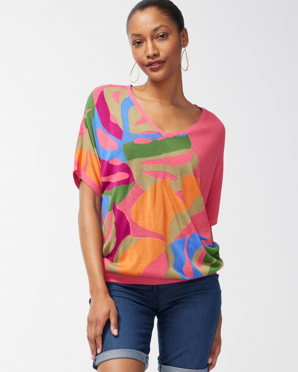 Tropical Print Mesh Pullover Sweater