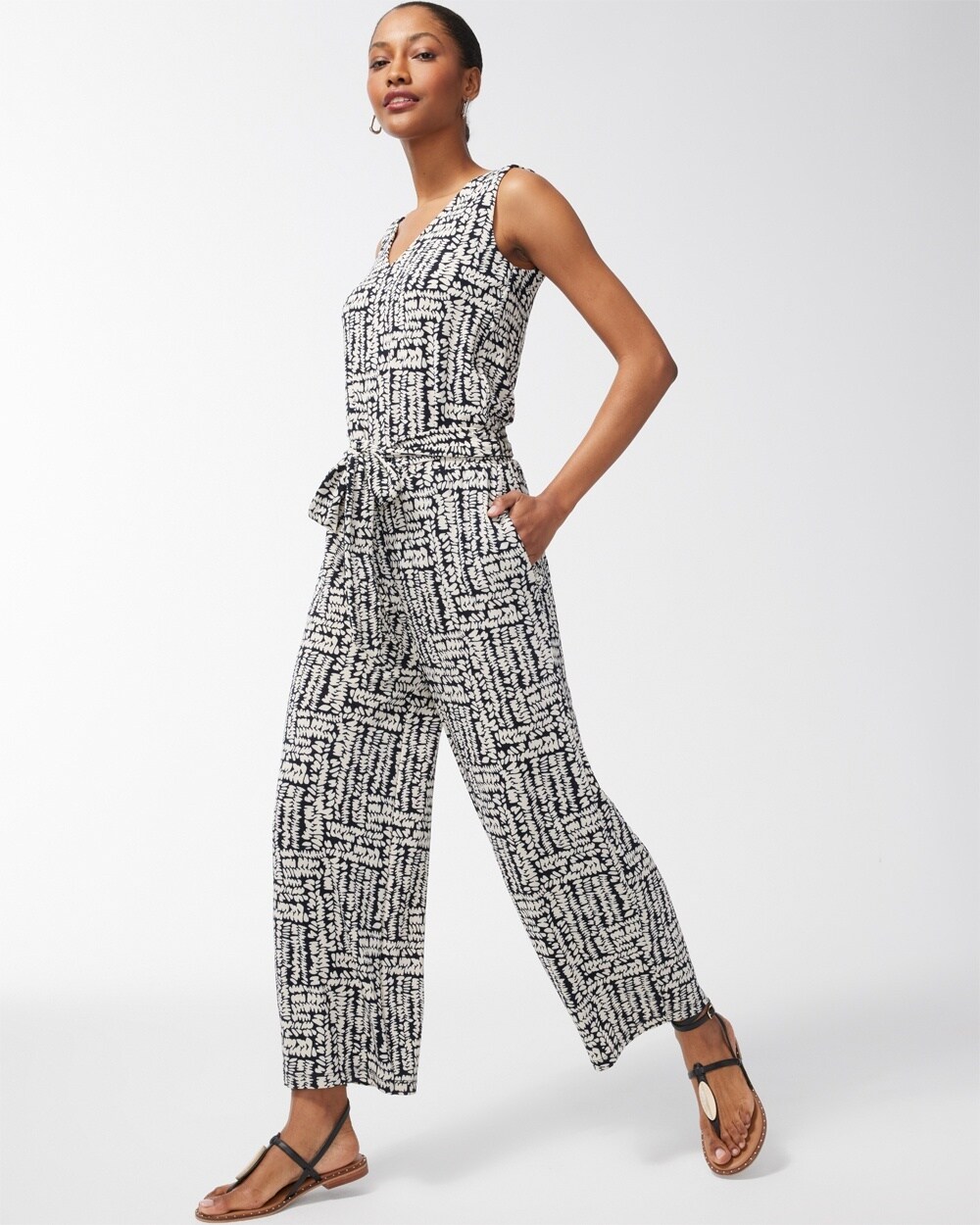 Travelers Pebble Print Tie Waist Jumpsuit video preview image, click to start video
