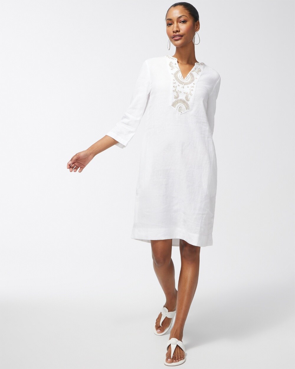 Linen Embellished White Tunic Dress