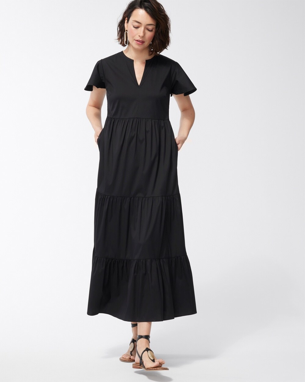 Chico's Petite Tiered Maxi Dress In Black | ModeSens