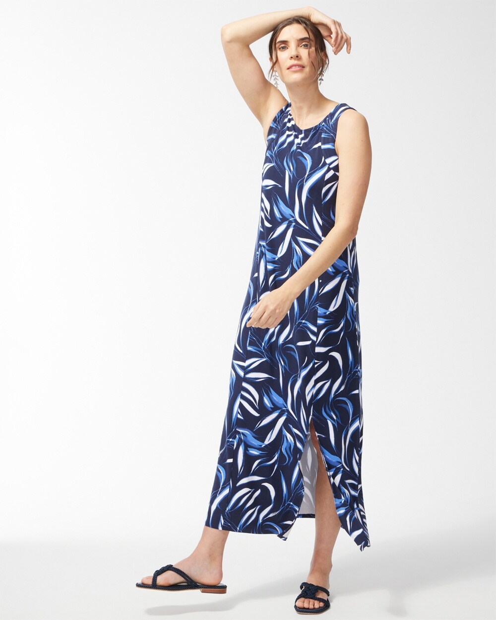 Leaf Print Sleeveless Maxi Dress video preview image, click to start video