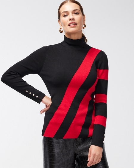 Black And Red Color Block Turtleneck Sweater