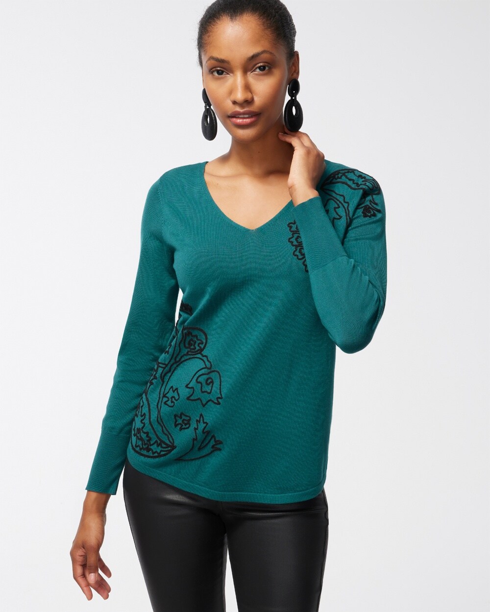 Spun Rayon Embroidered V-Neck Sweater