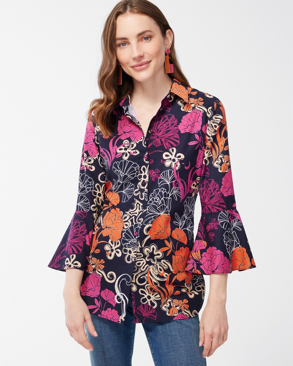 No Iron Stretch Floral Flare Sleeve Tunic