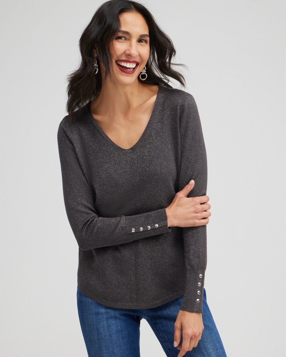 Spun Rayon Lurex V-neck Sweater video preview image, click to start video