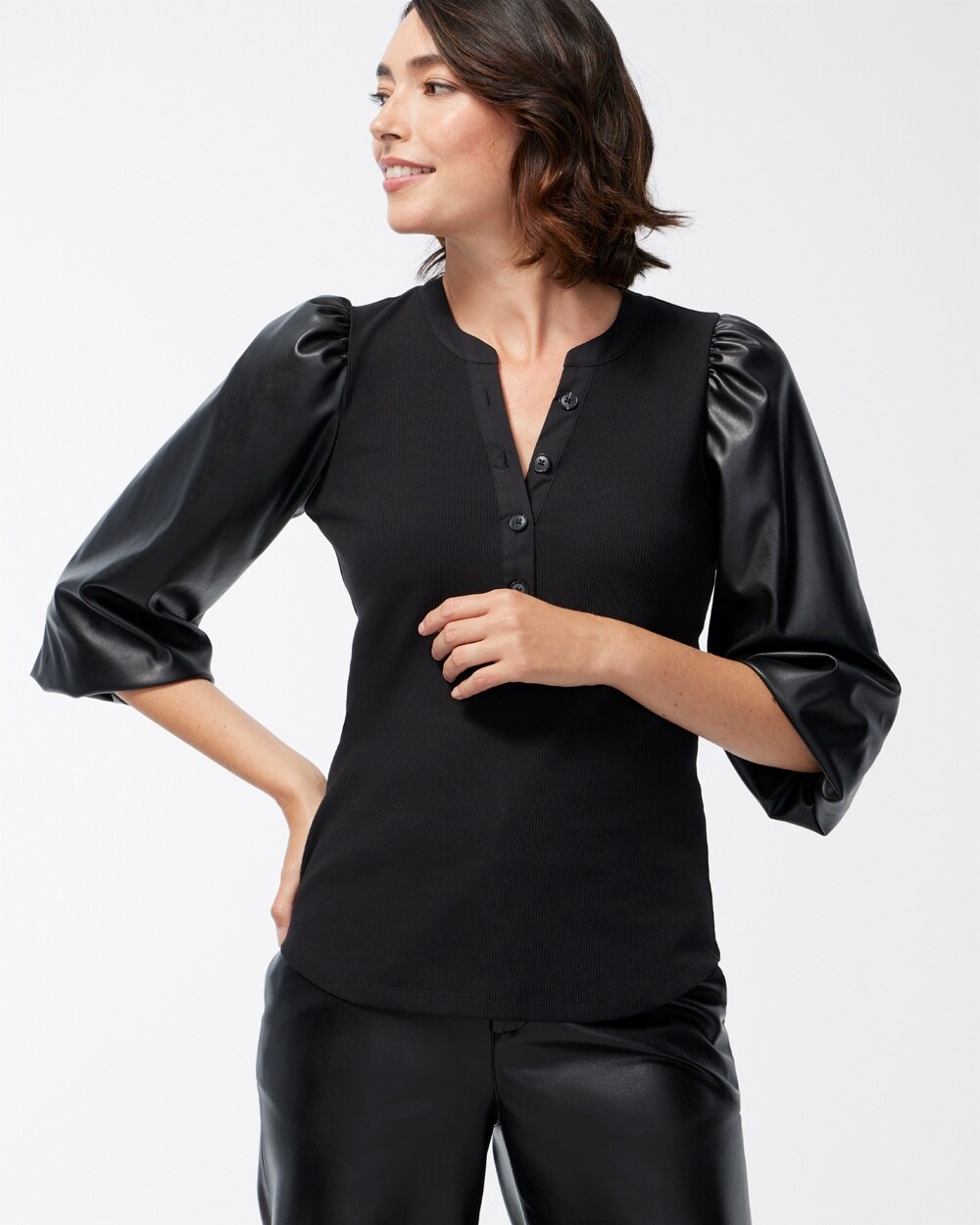 Faux Leather Sleeve Henley Top