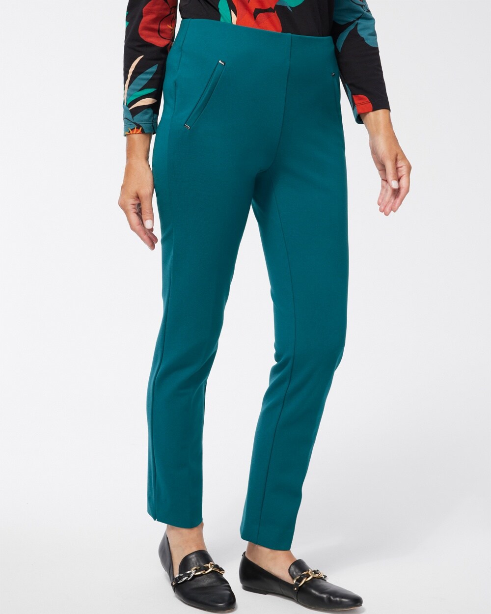 Chico's Juliet Ponte Trim Detail Ankle Pants In Green