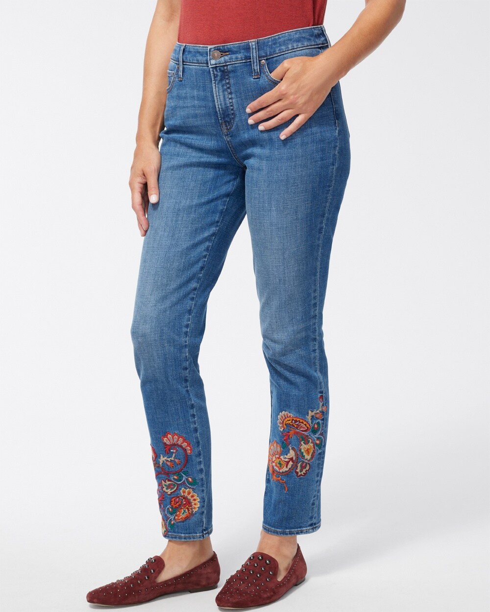 Girlfriend Embroidered Ankle Jeans