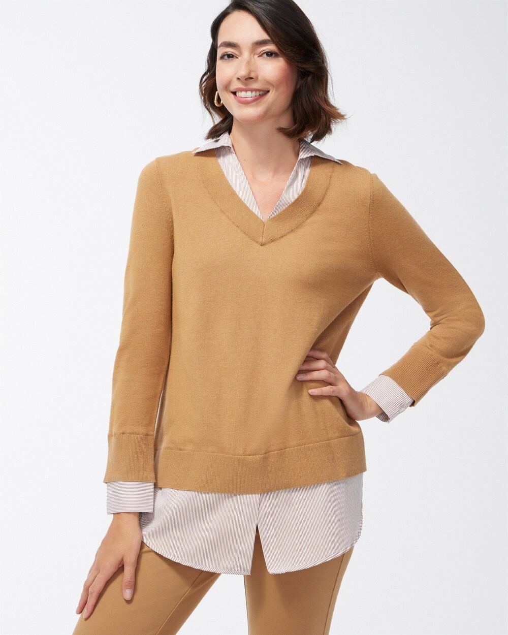 Built-In Woven Stripe Shirt Sweater